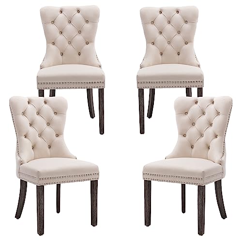 civama Dining Chairs Set of 4, Velvet Nikki Collection Dining Room Chair Upholstered Modern Luxury Tufted with Nailhead Trim Back Pull Ring Solid Wooden Legs, Beige