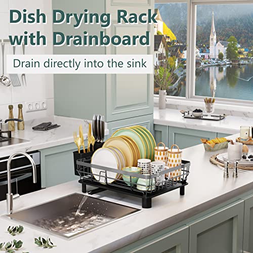AIDERLY Dish Drying Rack with Drainboard Dish Drainers for Kitchen Counter Sink Adjustable Spout Dish Strainers with Utensil Holder and Knife Slots, Grey