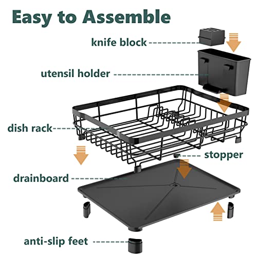 AIDERLY Dish Drying Rack with Drainboard Dish Drainers for Kitchen Counter Sink Adjustable Spout Dish Strainers with Utensil Holder and Knife Slots, Grey