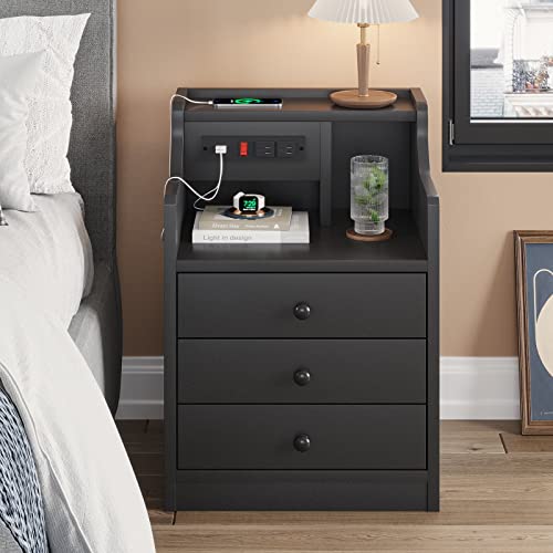 ADORNEVE Nightstand with Charging Station,Black Night Stand for Bedroom,End Table with Hutch & Storage Drawers