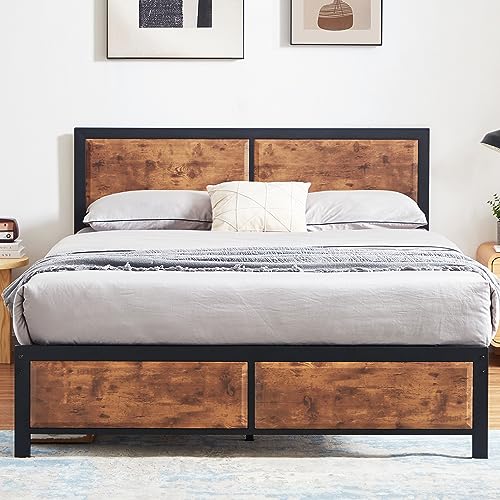 VECELO Full Platform Bed Frame/Mattress Foundation with Rustic Vintage Wood Headboard, Strong Metal Slats Support, No Box Spring Needed