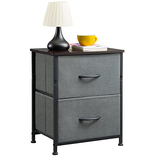 Somdot Nightstand with 2 Drawers, Bedside Table Small Dresser with Removable Fabric Bins for Bedroom Nursery Closet Living Room - Sturdy Steel Frame, Wood Top, Pull Handle - Charcoal Grey/Dark Walnut