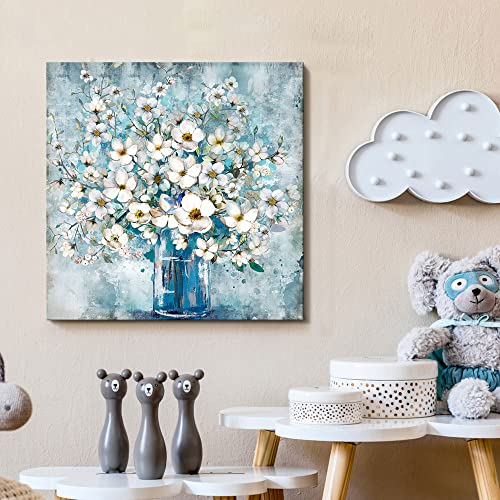 Framed Blue Flower Canvas Wall Art 14x14
