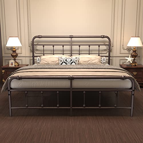Debercu King-Size-Bed-Frame with-Headboard and Footboard - No Box Spring Need,Victorian Vintage Heavy Duty Metal Platform Mattress Foundation(Brown)