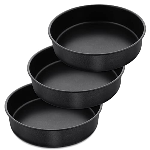Herogo 8 Inch Round Cake Pan Set of 3, Stainless Steel Black Nonstick Round Baking Pan, Birthday Wedding Layer Cake Pan, Non Toxic, Oven & Dishwasher Safe