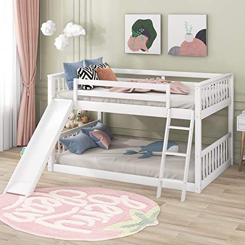 Tensun Full Over Full Floor Bunk Bed with Slide and Ladder,Solid Pine Wood Low Bunkbeds w/Safety Guardrails,No Box Spring Needed, for Boys/Girls/Kids Bedroom, White