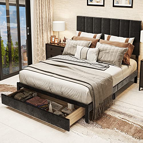 YITAHOME Upholstered Bed Frame, Platform Bed Frame with Storage Drawers, Queen Size Bed Include Velvet Headboard Wingback and Strong Wood Slats Support, No Box Spring Needed, Dark Grey