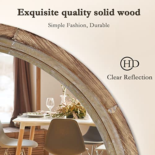 WOOCAFO Rustic Wood Framed Round Wall Mirror