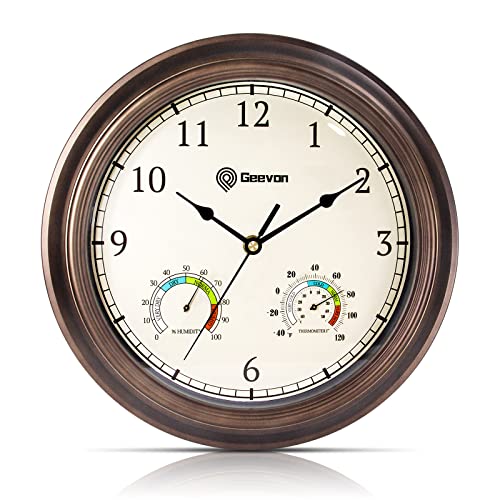 Geevon 12" Silent Wall Clock with Hygrometer and Thermometer
