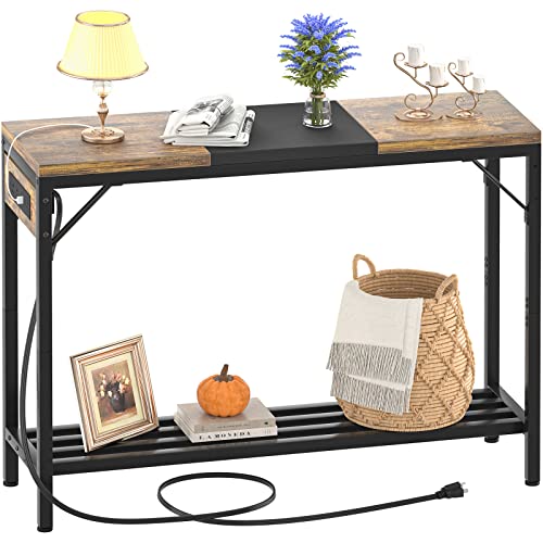 Narrow Console Table with Power Strips, Sofa Table with Storage Shelves for Living Room, 2-Tier Foyer Tables for Entryway, Hallway, Behind Couch, Kitchen Counter, 39'', Rustic & Black