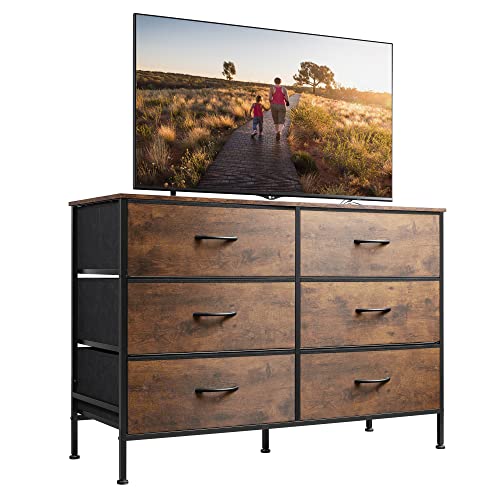 WLIVE Wide Dresser with 6 Drawers, TV Stand for 50" TV, Entertainment Center with Metal Frame, Wooden Top, Fabric Storage Dresser for Bedroom, Hallway, Entryway, Rustic Brown Wood Grain Print