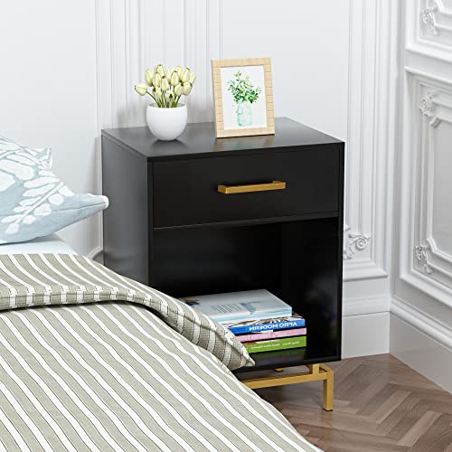 Anmytek Wood Nightstand, 25" H Mid Century Modern Nightstand Bedside Table with Drawer for Bedroom Living Room Black, H0065