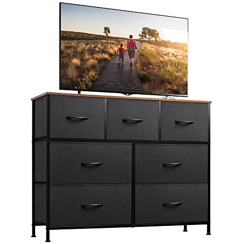 WLIVE Dresser TV Stand, Entertainment Center with Fabric Drawers, Media Console Table for TV up to 45 inch, Chest of Drawers for Bedroom, Living Room, Hallway, Black and Rustic Brown