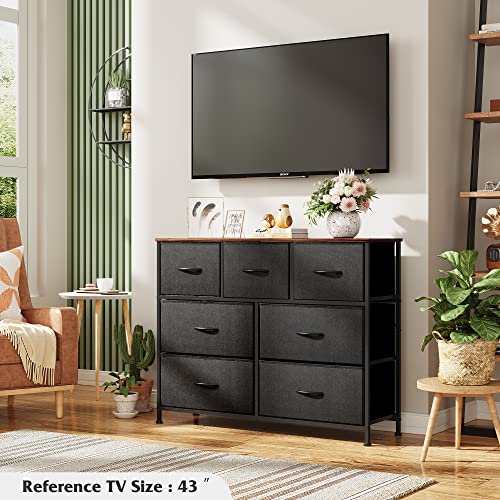 WLIVE Dresser TV Stand, Entertainment Center with Fabric Drawers, Media Console Table for TV up to 45 inch, Chest of Drawers for Bedroom, Living Room, Hallway, Black and Rustic Brown