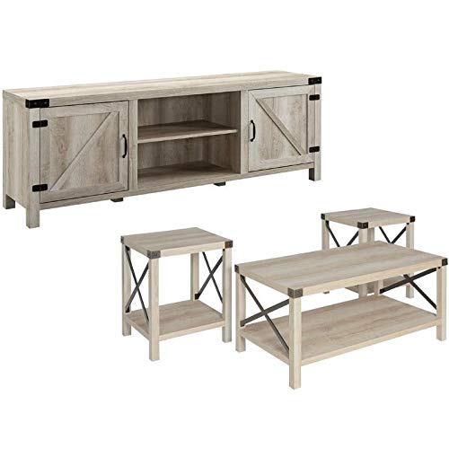 4-Piece White Oak Barn Door TV Stand Set