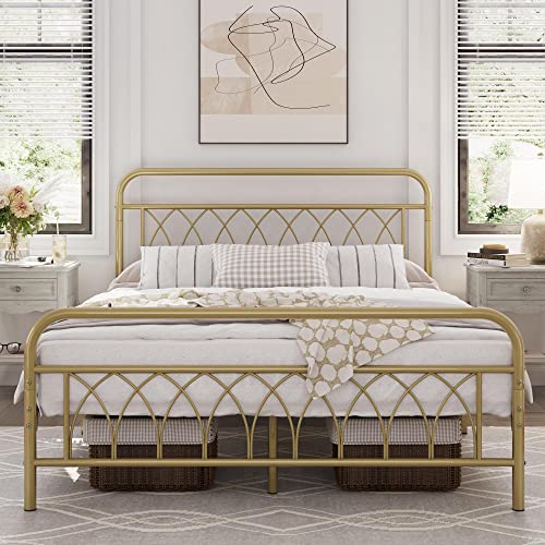 Yaheetech Queen Bed Frame Metal Platform Bed with Petal Accented Headboard/Footboard/14.4 Inch Under Bed Storage/No Box Spring Needed,Antique Gold