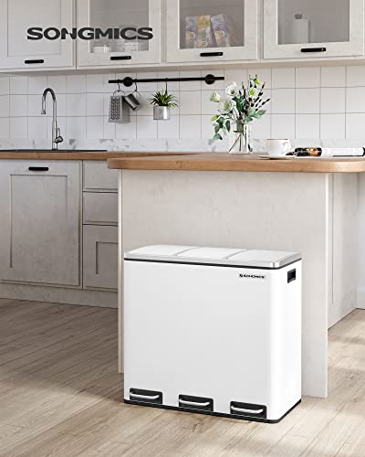 SONGMICS Trash Can, 3 x 4.8 Gallon Garbage Can, 14.4 Gallon Recycle Bin with Soft-Close Lids, Pedals, and Inner Buckets for Kitchen, Stainless Steel, White ULTB154W01