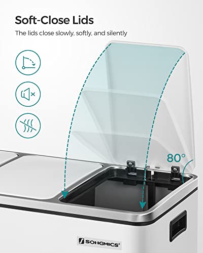 SONGMICS Trash Can, 3 x 4.8 Gallon Garbage Can, 14.4 Gallon Recycle Bin with Soft-Close Lids, Pedals, and Inner Buckets for Kitchen, Stainless Steel, White ULTB154W01