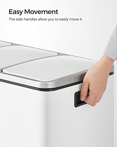 SONGMICS Trash Can, 3 x 4.8 Gallon Garbage Can, 14.4 Gallon Recycle Bin with Soft-Close Lids, Pedals, and Inner Buckets for Kitchen, Stainless Steel, White ULTB154W01