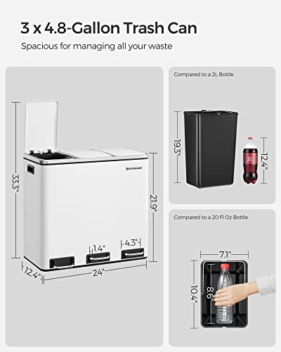 SONGMICS Trash Can, 3 x 4.8 Gallon Garbage Can, 14.4 Gallon Recycle Bin with Soft-Close Lids, Pedals, and Inner Buckets for Kitchen, Stainless Steel, White ULTB154W01