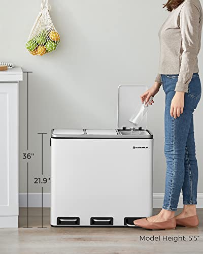 SONGMICS Trash Can, 3 x 4.8 Gallon Garbage Can, 14.4 Gallon Recycle Bin with Soft-Close Lids, Pedals, and Inner Buckets for Kitchen, Stainless Steel, White ULTB154W01