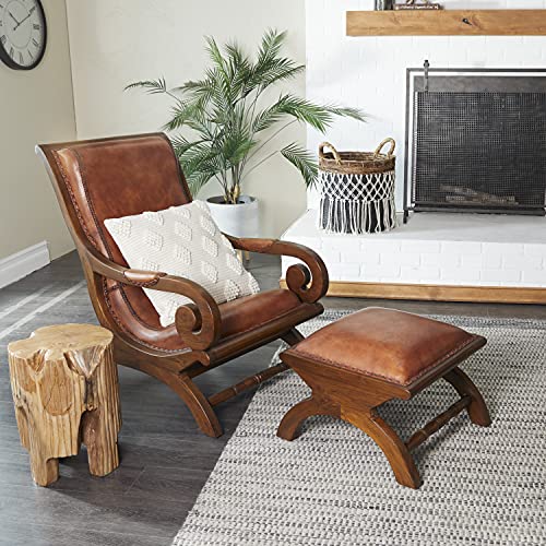 Deco 79 Teak Wood Upholstered Leather Accent Chair with Ottoman with Scrollwork and High Back, Set of 2 36", 16"H, Brown