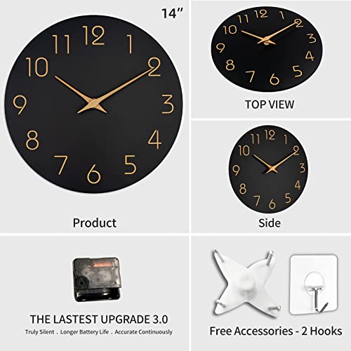 14-Inch Black Silent Wall Clock with Rose Gold Numbers