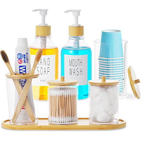 VITVITI 7Pcs Bathroom Accessories, Mouthwash Lotion Soap Dispenser, Qtip/Cup/Toothbrush Holder, Plastic Bathroom Accessory Set with Bamboo Tray Lid, Clear