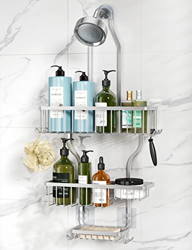 YASONIC Shower Caddy Over Shower Head Never Rust Aluminum Large Hanging Shower Caddy with 10 Hooks for Razor/Sponge - Over The Shower Head Caddy with Soap Basket - Hanging Shower Organizer Silver