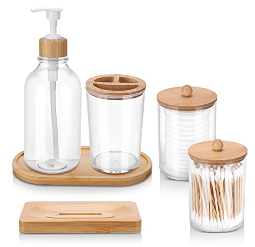 Fixwal Bamboo Bathroom Accessories Set of 6 - Toothbrush Holder, Soap Dispenser, Soap Dish, Tray and Two Plastic Qtip Medicine Jars with Bamboo Lid for Boho Counter Toilet Bathroom Decor