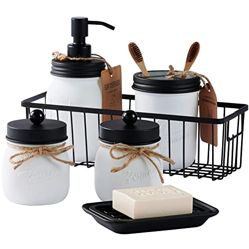 White Mason Jar Bathroom Accessories Set (6PCS) - Lotion Soap Dispenser,Toothbrush Holder,2 Apothecary Jars, Soap Dish Tray,Storage Organizer Basket Bin - Rustic Farmhouse Decoration (Black)
