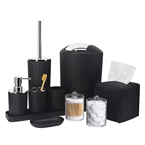 Bathroom Accessory Set - 10 Piece Black Bathroom Accessories Set with Trash Can, Toothbrush Holder and Cup, Soap Dispenser, Soap Dish, Toilet Brush Holder, Vanity Tray, Qtip Holder, Tissue Box Cover