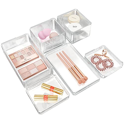 Lolalet Stackable Drawer Organizer for Makeup, Multi-size Clear Plastic Makeup Drawer Organizer Trays Bathroom Vanity Storage Bins and Office Desk Drawer Dividers -6 Pcs