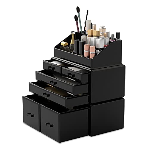 READAEER Makeup Organizer 3 Pieces Cosmetic Storage Case with 6 Drawers (Black)