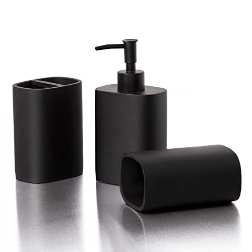 BINO Bathroom Accessories Set - Black | Soap Dispenser | Toothbrush Holder | Tumbler | 3-Piece Bathroom Organizer Countertop Set | Bathroom Decor | Home Decor | Bathroom Set
