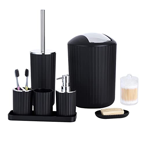 YCOCO Black Bathroom Accessories Set,8 Pcs Plastic Gift Set with Toothbrush Holder,Mouthwash Cup,Soap Dish, Soap Dispenser, Toilet Brush,Trash Can,Cotton Swab jar,Tray