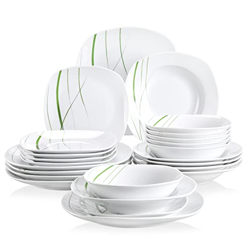 VEWEET, Series AVIVA, 24-Piece Ivory White Porcelain Dinnerware Set with Green Stripe Patterns, including Dinner Plates, Dessert Plates, Soup Plates, Service for 6
