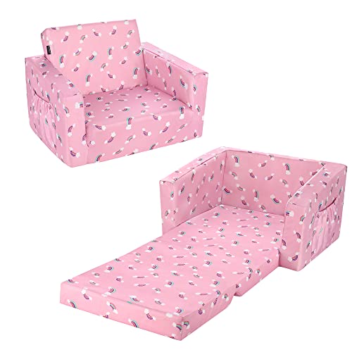 MallBest Kids Sofas Children's Sofa Bed Baby's Upholstered Couch Sleepover Chair Flipout Open Recliner(Pink/Rainbow)