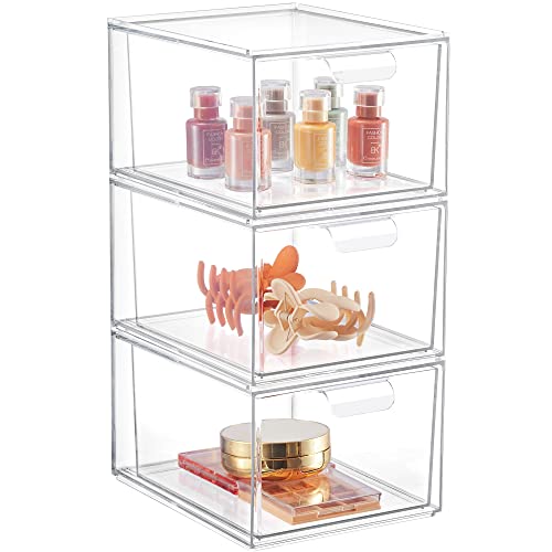 Syntus 3 Piece Set Stackable Makeup Organizer Drawers, 4.4'' Tall Acrylic Bathroom Storage Drawer, Plastic Cosmetics Storage Box for Vanity, Undersink, Skincare, Kitchen Cabinets, Pantry Organization