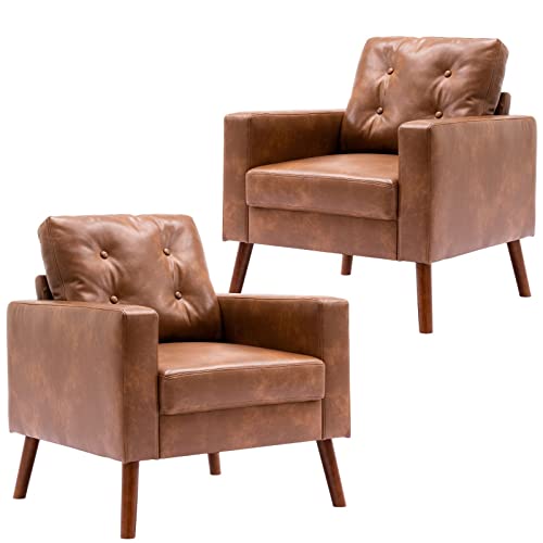 HNY Set of 2 Mid Century Modern Armchair, Button Tufted Faux Leather Accent Chair with Arm, Upholstered Club Chair for Living Room, Bedroom, Rubber Wood Legs, Caramel, 29.1D x 32.3W x 33.1H Inch
