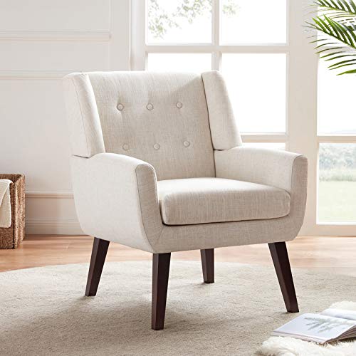 HUIMO Accent Chair, Upholstered Button Tufted Armchair, Linen Fabric Sofa Chairs for Bedroom, Living Room, Mid-Century Modern Comfy Reading Chair (Beige)