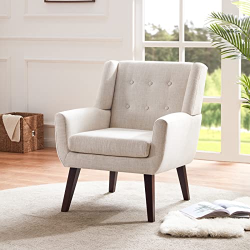 HUIMO Accent Chair, Upholstered Button Tufted Armchair, Linen Fabric Sofa Chairs for Bedroom, Living Room, Mid-Century Modern Comfy Reading Chair (Beige)
