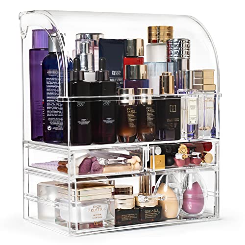 Haturi Makeup Organizer, Large Acrylic Skincare Organizer W/Lid, Dustproof Waterproof Cosmetic Display Case with Drawers for Vanity Bathroom Countertop, Makeup Storage Box for Perfume - Clear