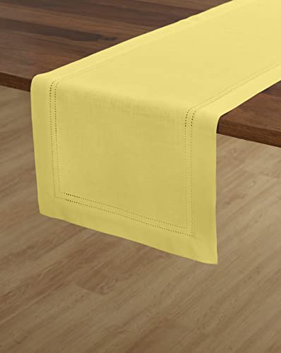 Solino Home Double Hemstitch Linen Table Runner – Sunshine Yellow 14 x 108 Inch – 100% Pure Linen Fabric Table Runner for Spring, Summer – Machine Washable and Handcrafted from European Flax