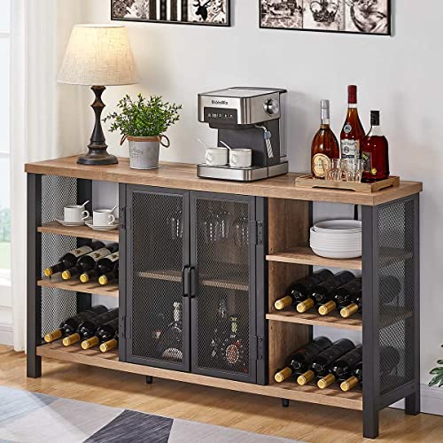 Industrial Wine Bar Cabinet with Rustic Oak Finish