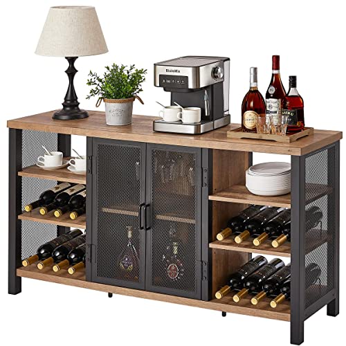 Industrial Wine Bar Cabinet with Rustic Oak Finish