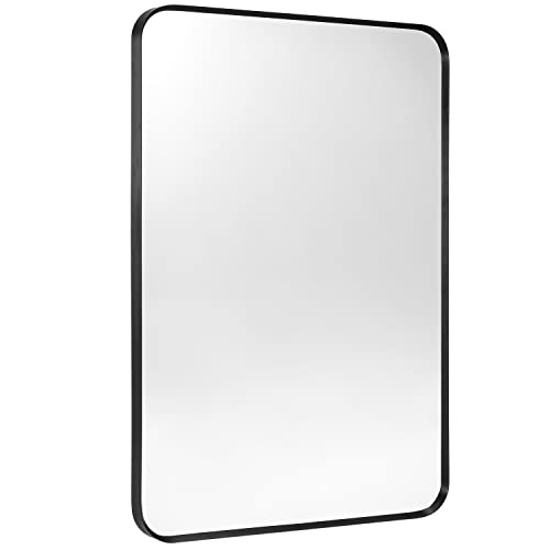 Minuover Wall Mount Mirror for Bathroom, Brush Black Metal Framed Rounded Corner Rectangular Vanity Mirror (20" x 30", Black)