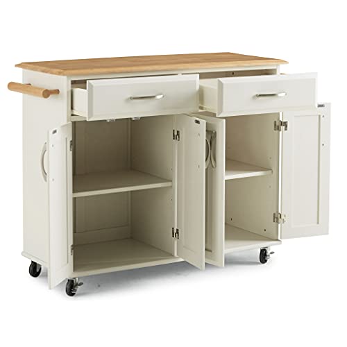 Off-White Mobile Kitchen Island Cart with Wood Top