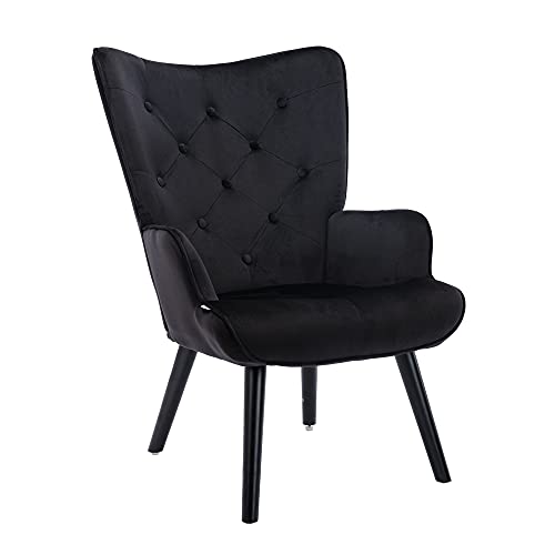 Dolonm Velvet Accent Chair Modern Tufted Button Wingback Vanity Chair with Arms Upholstered Tall Back Desk Chair with Solid Wood Legs for Living Room Bedroom Waiting Room (Black)