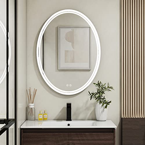 BuLife 28 x 20 inch Oval LED Bathroom Mirror Anti-Fog 3 Colors Light Dimmable Wall Mounted Lighted Bathroom Vanity Mirror Memory Makeup Mirror Touch Switch